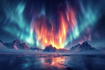 Photo sur Plexiglas Paysage fantastique A mesmerizing aerial view of the Northern Lights dancing across the Arctic sky, showcasing the ethereal beauty of natural phenomena. Concept of celestial wonders. Generative Ai.