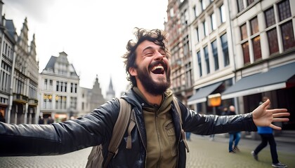 Energetic and cheerful 25-year-old turkish man in the streets of Belgium
