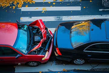 A fiery red car lies twisted on the street, its wheels still spinning as text messages lay scattered among the wreckage - obrazy, fototapety, plakaty