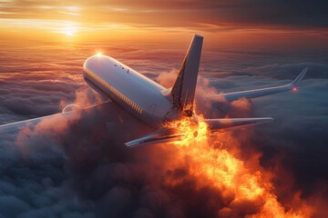 A fiery plane soars through the sunset sky, its wings aflame as the airbus fights against the darkening clouds, a symbol of the tumultuous journey of air travel and the intricate engineering behind e