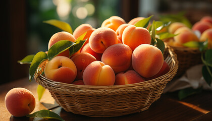 Freshness of ripe fruit in a wicker basket, nature dessert generated by AI