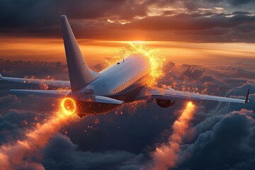 A fiery plane struggles against the clouds, a testament to the dangers and marvels of air travel,...