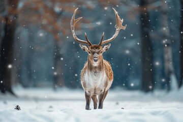 Noble deer male in winter snow forest. Artistic winter landscape