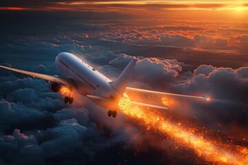 Amidst the vibrant sunset, an airliner soars through the clouds, its wing ablaze with fiery determination as it travels through the expansive sky