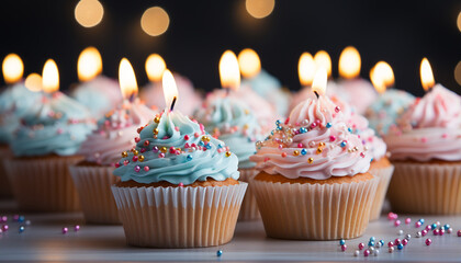 Cupcake dessert with candle, birthday celebration, sweet food decoration generated by AI
