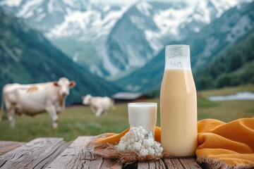 A rustic table adorned with a bottle of fresh milk and a glass of creamy cauliflower stands against a breathtaking mountain landscape, surrounded by grazing cows in the lush green grass