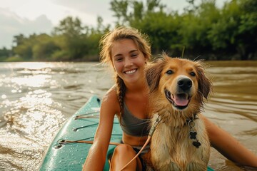 A carefree woman and her loyal dog paddle through the serene waters, surrounded by towering trees and basking in the warmth of the sun on their outdoor adventure - obrazy, fototapety, plakaty