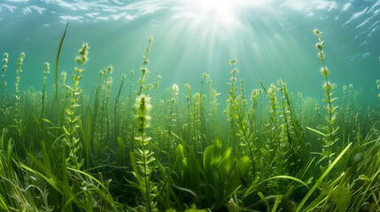 Underwater flowering plants like Grasswrack, Grassweed, and Coral add splashes of color and life to the ocean's depths, enriching the underwater landscape with their vibrant presence. - obrazy, fototapety, plakaty