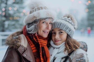 A mother and daughter braving the chilly winter air with warm smiles and fashionable scarves, jackets, bonnets, and knit caps