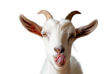 Portrait of a goat showing tongue isolated on transparent and white background.PNG image	