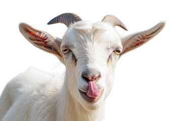Portrait of a goat showing tongue isolated on transparent and white background.PNG image	