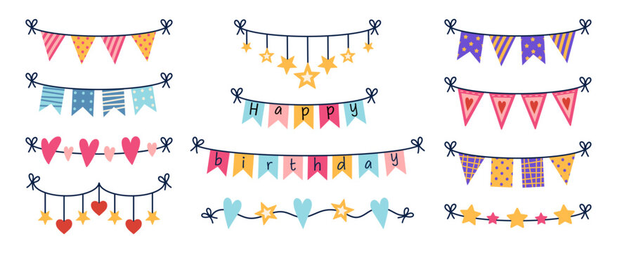 Holiday garland vector set. Colorful flags in different shapes hanging on a string. Textile decoration for a birthday, party, carnival, festival. Accessory with stars, hearts. Cartoon clipart for kids