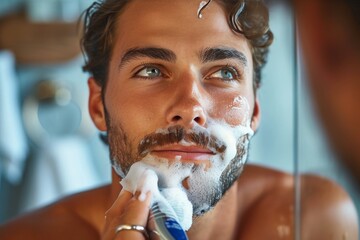A determined man carefully trims his unruly beard with a sharp tool, revealing a clean and confident human face as he brushes away the last traces of facial hair