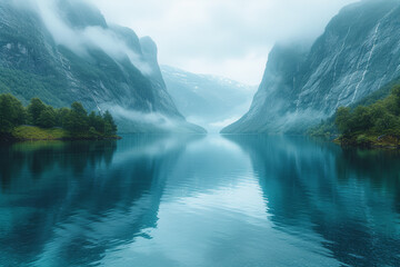 A quiet evening by the fjords, where serene waters mirror the surrounding mountains, creating a picturesque and calming vista. Concept of fjord serenity. Generative Ai. - obrazy, fototapety, plakaty
