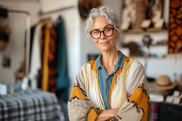 A stylish woman with a bright smile wears glasses and a colorful shirt, standing against a vibrant wall, showcasing her fashionable sense of style - obrazy, fototapety, plakaty