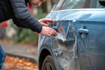Naklejka premium A man stands outdoors, his hand gently grazing the sleek surface of a car door as he admires the vehicle's shiny exterior and contemplates the freedom and adventure it represents