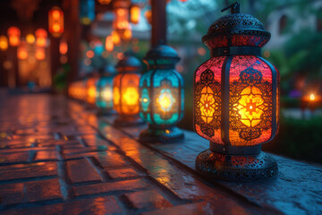 A tranquil night scene with candles glowing in colorful lanterns, creating a serene ambiance for late-night prayers and reflection. Concept of spiritual tranquility. Generative Ai.