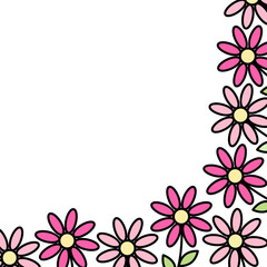 Abstract corner frame border of colorful blooming flowers in trendy bright and pale marker shades.