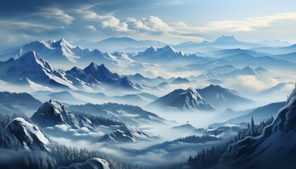 Majestic mountain peak silhouettes against a tranquil blue sky generated by AI