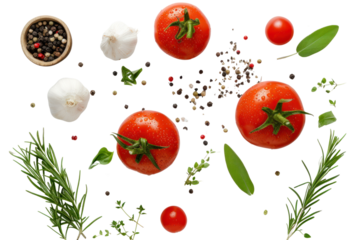 fresh tomato, herbs and spices isolated on transparent and white background.PNG image