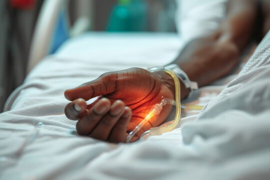 A patient undergoes a delicate medical procedure in a hospital room as a gloved hand connects a tube to a tube, symbolizing the intricate balance of healthcare and the human touch