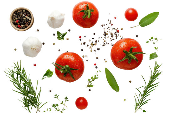 fresh tomato, herbs and spices isolated on transparent and white background.PNG image