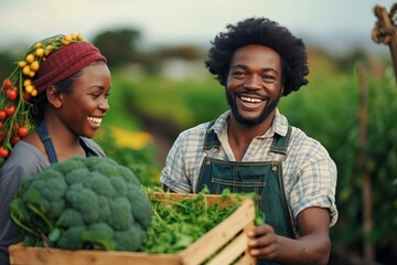 Amidst the vibrant greenery, a smiling woman and man proudly hold a crate of locally grown...