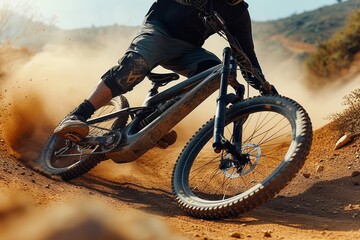 Naklejka premium A daring cyclist navigates their mountain bike through the rugged terrain of a dirt road, showcasing their freeriding skills and passion for adventure racing