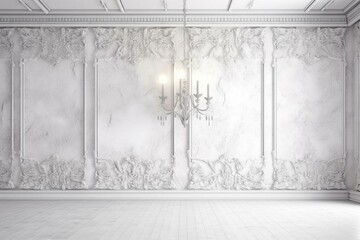 White stucco pattern backdrop with ornate light wallpaper. Generative AI