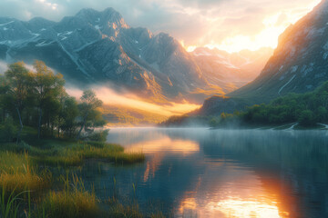 A serene lakeside scene during golden hour, with reflections of the surrounding landscape painting...
