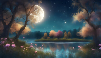 Obraz na płótnie Canvas landscape with moon and stars in anime theme