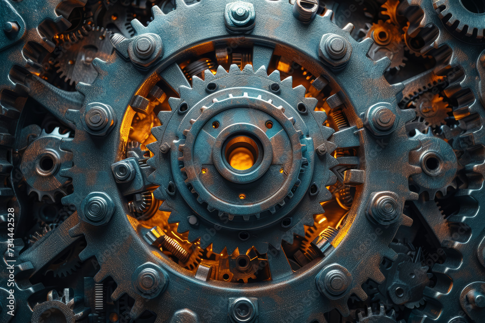 Poster a kaleidoscopic pattern of interconnected gears and cogs, symbolizing the complexity and interdepend