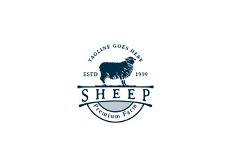 Sheep wool factory emblem template. Sheep head. Design element for logo, label,sign. Vector image