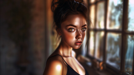 Fototapeta na wymiar closeup portrait of a pensive digital AI girlfriend with striking eyes and freckles