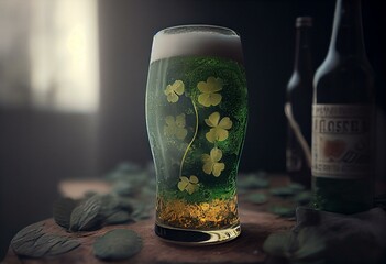Cold beer with clovers inside, St. Patrick's Day Holiday, Generative AI
