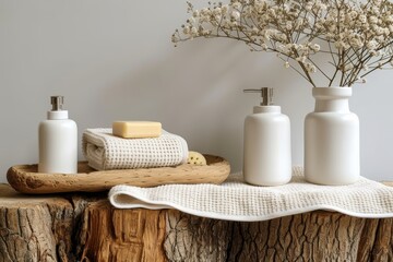 A tranquil still life of pristine white bottles and plush towels adorning a rustic log against an indoor wall, exuding a sense of domestic comfort and simplicity