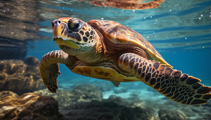 Fototapeta premium A slow turtle swims in the blue underwater paradise generated by AI