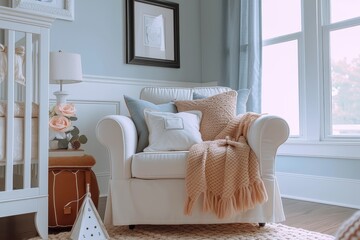 Fototapeta na wymiar A cozy corner in a modern living room, with a plush loveseat adorned with throw pillows and a soft blanket, framed by a beautiful window treatment and accented by a stylish vase on a side table