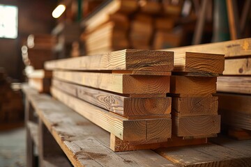 A towering stack of lumber planks sits inside a bustling factory, their wooden surfaces gleaming in the indoor light as they await their purpose on the ground below