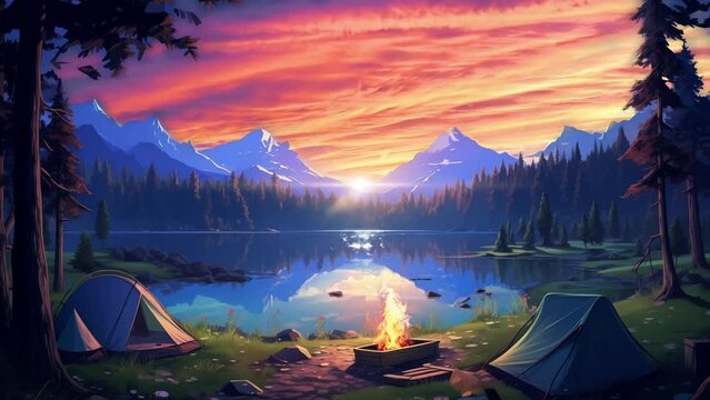 Animated illustration of a camping tent by the lake, with sunrise and mountain views. 4k loop animation with anime cartoon or digital painting style. Background animation.