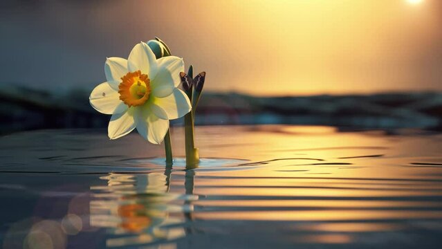 daffodil flower in the morning. flower on the water. seamless looping overlay 4k virtual video animation background 
