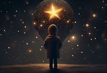 Illustration of child in front of New Year's Eve, large, decorated with shiny bright big star on top illuminating the dark background. Night landscape under the stars. Generative AI