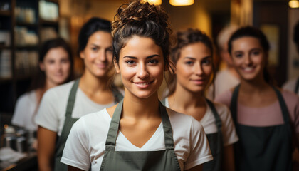Obraz premium A group of smiling young women studying indoors happily generated by AI