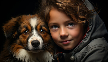 Cute dog and child smiling, purebred puppy brings happiness generated by AI