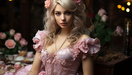 Fototapeta premium Beautiful blond bride smiling, looking at camera, surrounded by nature generated by AI