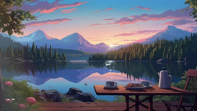 Animated illustration of a cup of coffee by the lake with a view of the mountains. 4k loop animation with anime cartoon or digital painting style. Background animation.