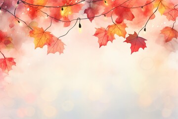 Autumn background with maple leaves and lights.