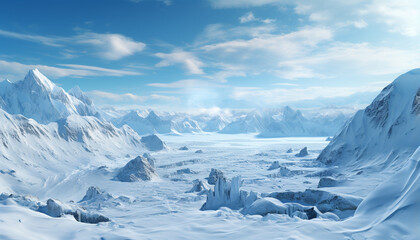 Majestic mountain peak, frozen landscape, tranquil scene, icy adventure generated by AI - obrazy, fototapety, plakaty