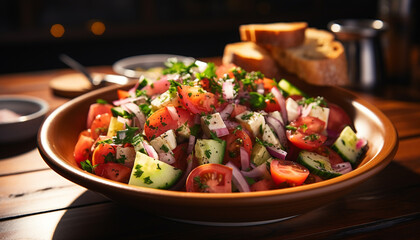 Freshness on plate healthy salad, gourmet vegetarian appetizer, homemade bread generated by AI