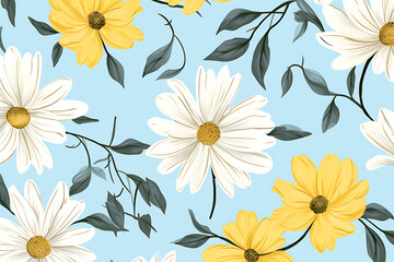 White and yellow daisy flower isolated on blue background pattern texture vector illustration